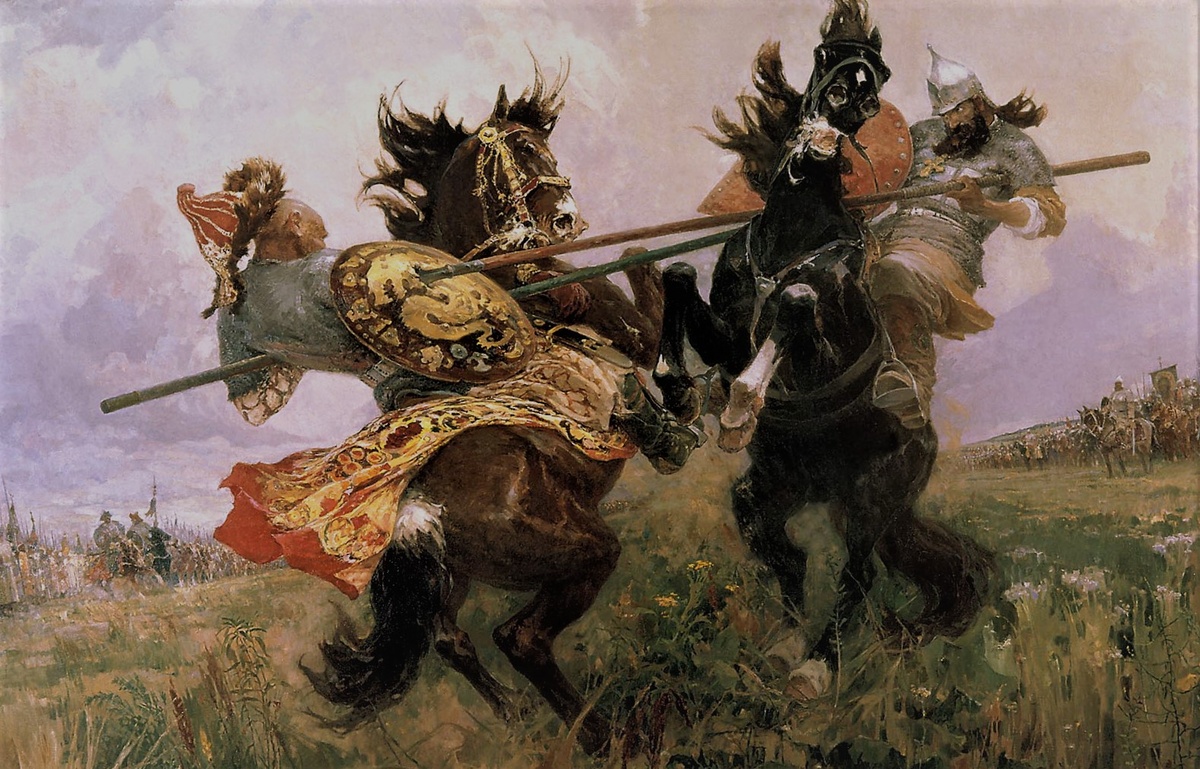 Битва Пересвета и Челубея на Куликовом поле.