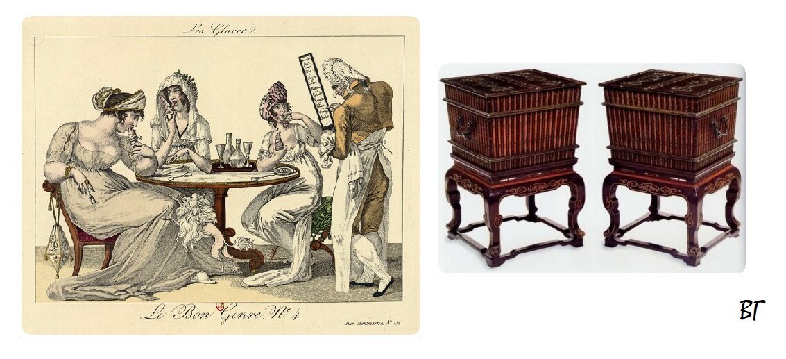 Слева - гравюра "Едоки мороженого" 1801 г, справа - ящики для льда 