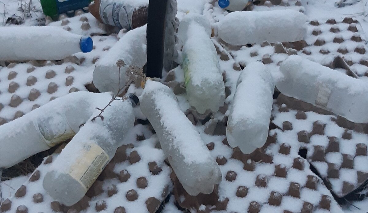 Наши бутылки, просто придавливают настил из яичных лотков. Весной этот запас воды будет использован