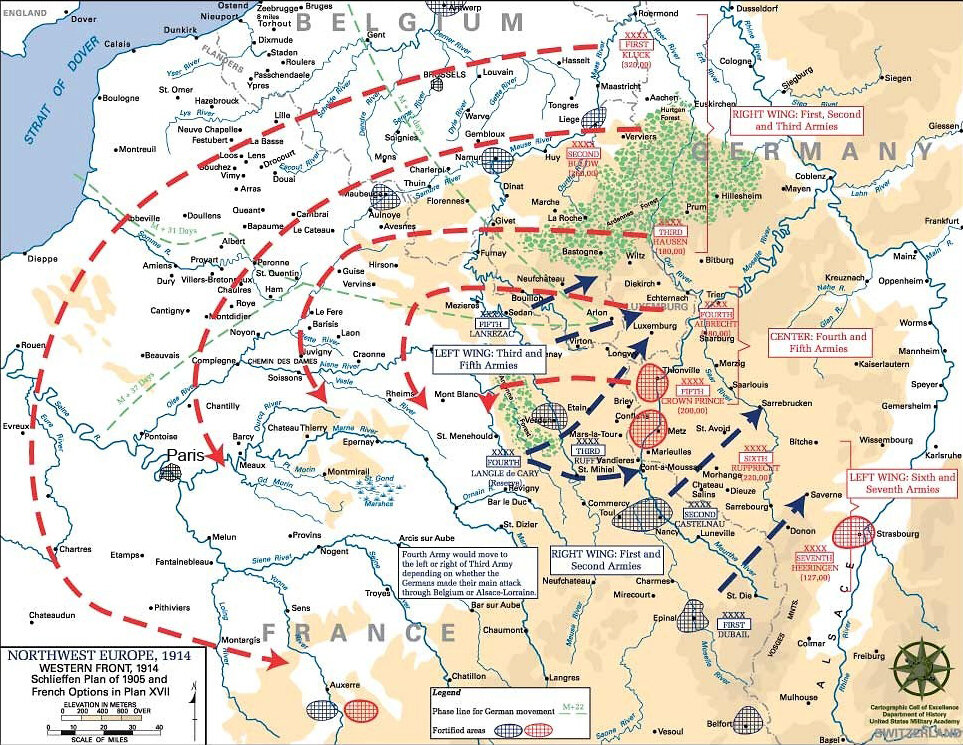 Диаграмма, показывающая общую идею плана Шлиффена 1905 года (отличного от применяемого в 1914 году).