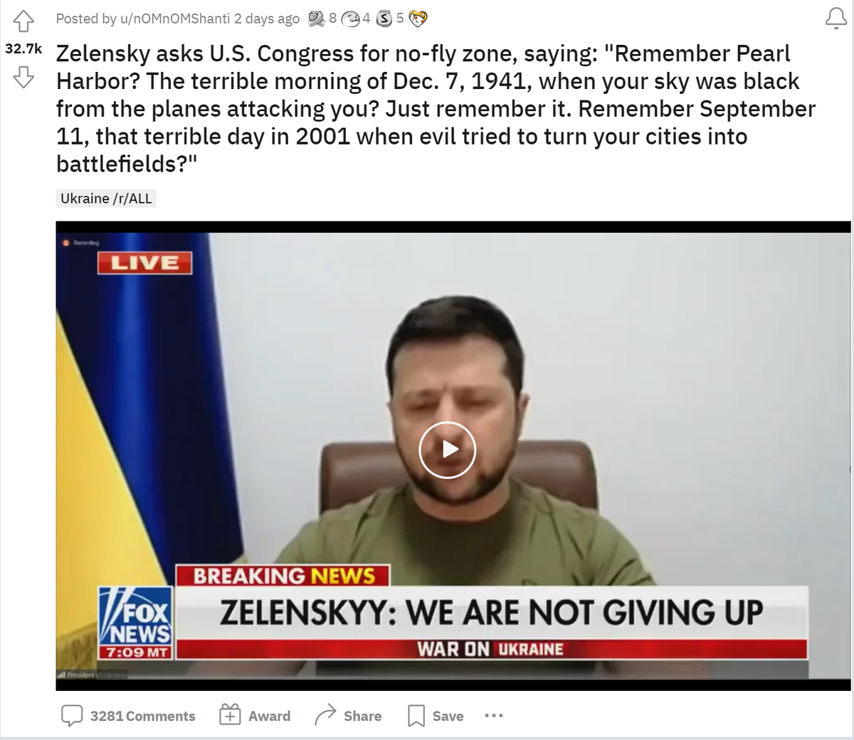 Зеленский просит Конгресс США ввести бесполетную зону, говоря: «Помните Перл-Харбор? Страшное утро 7 декабря 1941 года, когда ваше небо было черным от атаковавших вас самолетов? Просто запомните его. Помните 11 сентября, тот страшный день в 2001 год, когда зло пыталось превратить ваши города в поля сражений?»