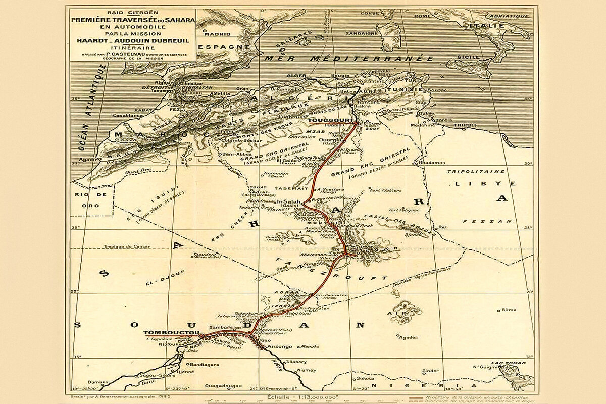    Пересечение Сахары, 17 декабря 1922 г. — 7 марта 1923 г. Пилотный рейд протяженностью 3 200 км проводился по замкнутому маршруту Туггурт-Томбукту-Тоггурт с севера на юг Сахары и обратно. В экспедиции участвовали 5 вездеходов Citroen К1. Интересно, что Андре Ситроен предполагал использовать разведанный маршрут для организации туристических поездок VIP-персон.