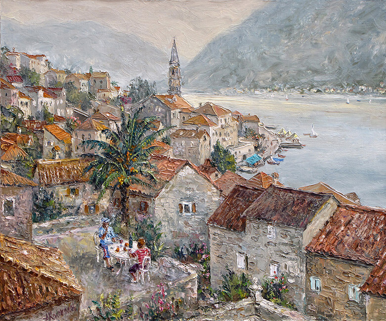 1. Колоколов Антон, "Черногория. Бархатный сезон", холст, масло, 50x60 см, 2017. Изображение отсюда: art-helicon.ru