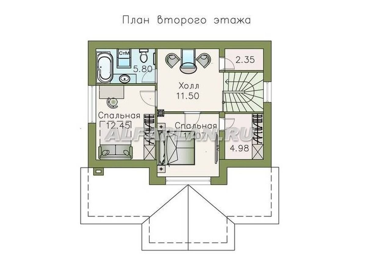 Проект небольшого уютного дома с террасой-барбекю 387В. На 2 этаже - две спальни. В ванной и холле имеются мансардные окна. Таким образом,   во всех помещениях в дневное время уютно и светло.