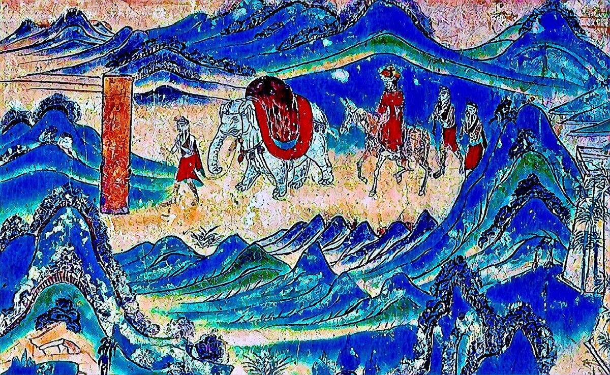 Путешествие Сюаньцзаня в Индию из Китая (Роспись монастыря, Wikimedia Commons) 