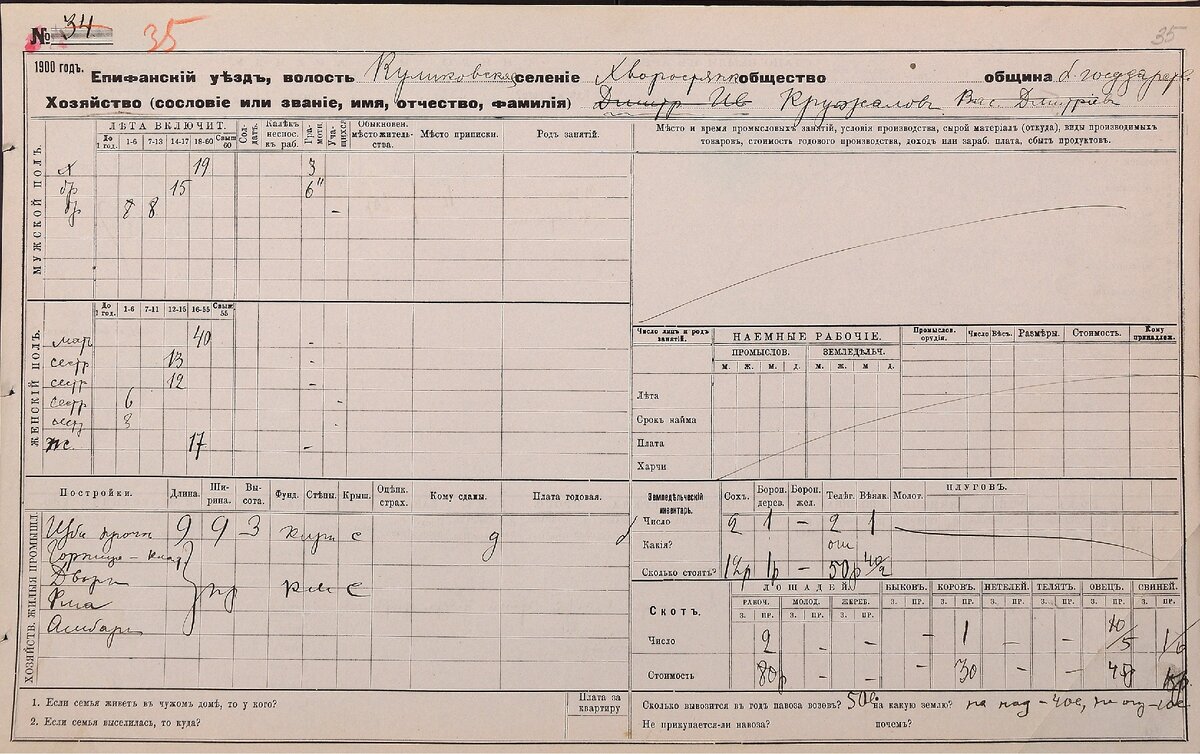Карточка переписи 1900 года. Деревня Хворостянка Епифанского уезда.