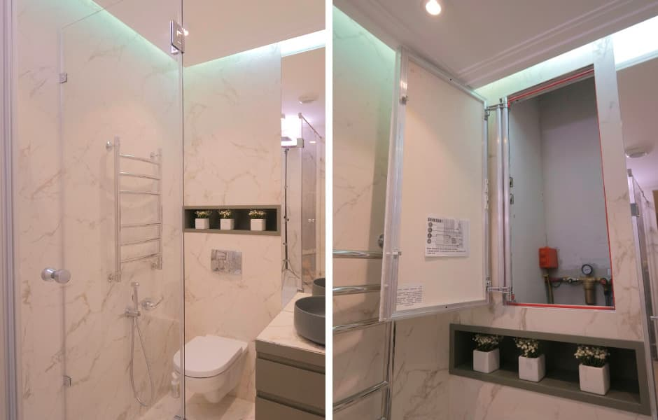 На данном объекте специально был выбран «Евроформат ЕТР» размером 50х120 см, чтобы разместить в сантехнической нише полки для бытовой химии.