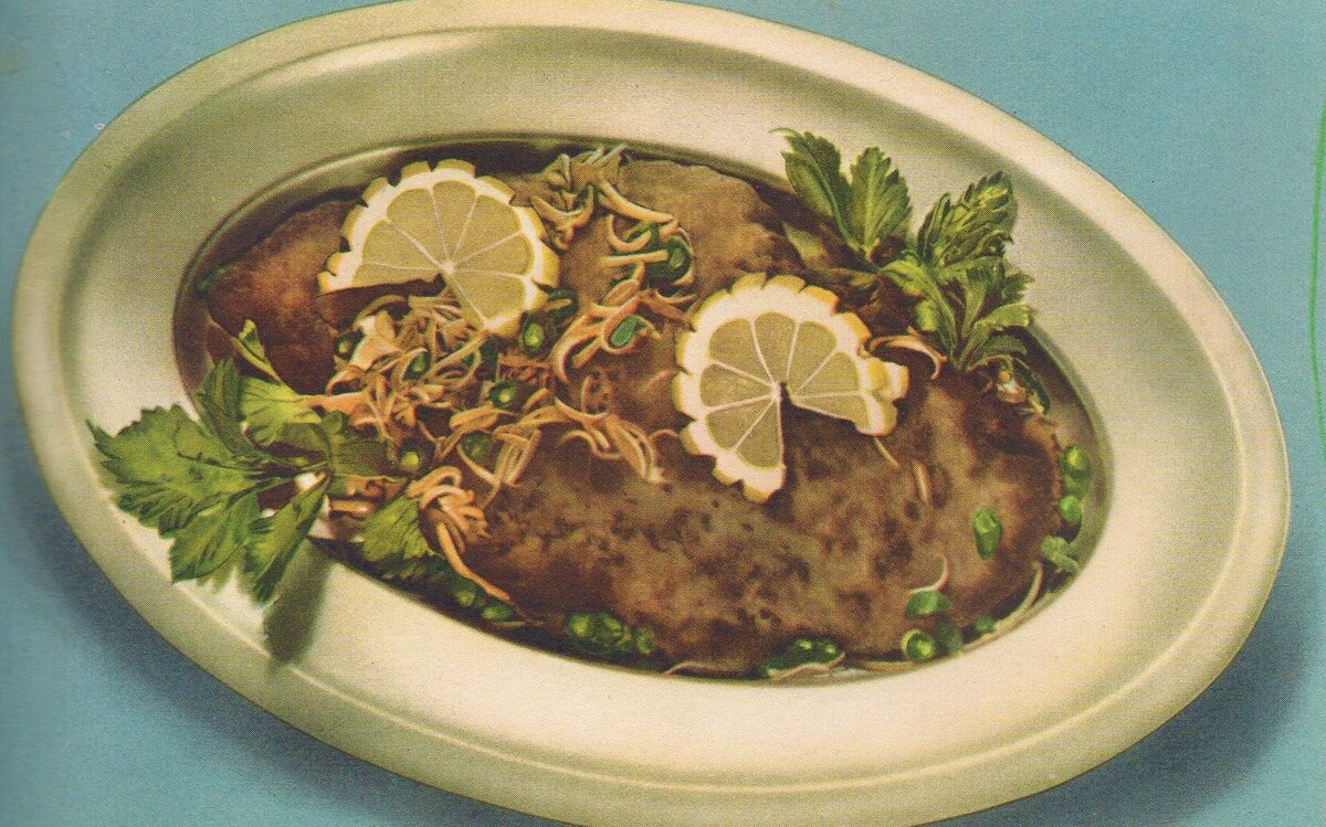 шницель из телятины с каперсами, иллюстрация из книги Кулинария 1955 года