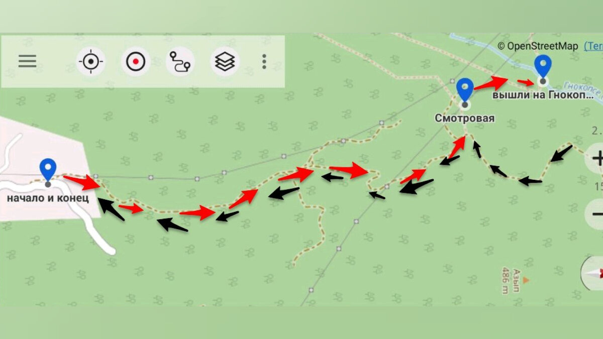 Первая часть маршрута, доходим до реки Гнокопсе (красные стрелочки).