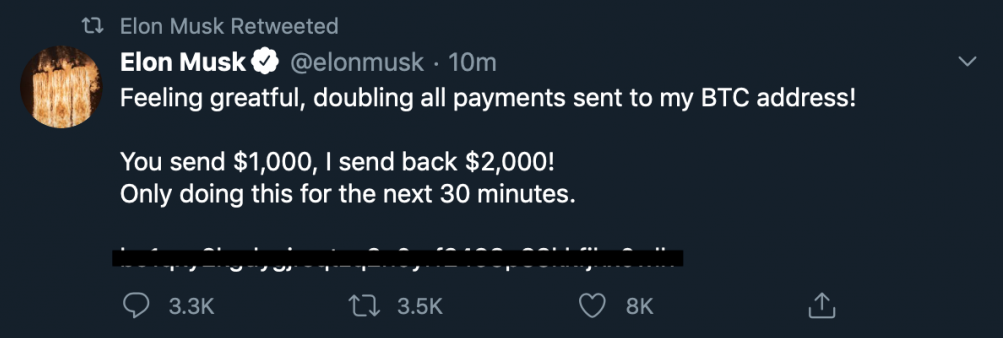 Взлом аккаунта Илона Маска Отправьте мне BTC в размере 1000$ и я отправлю вам 2000$