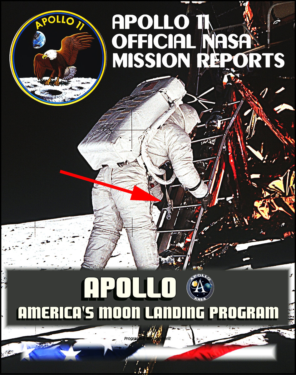 Обложка официального отчета НАСА о лунной миссии "Аполон-11" с астронавтом, привязанным к ступеньке трапа лунного модуля.