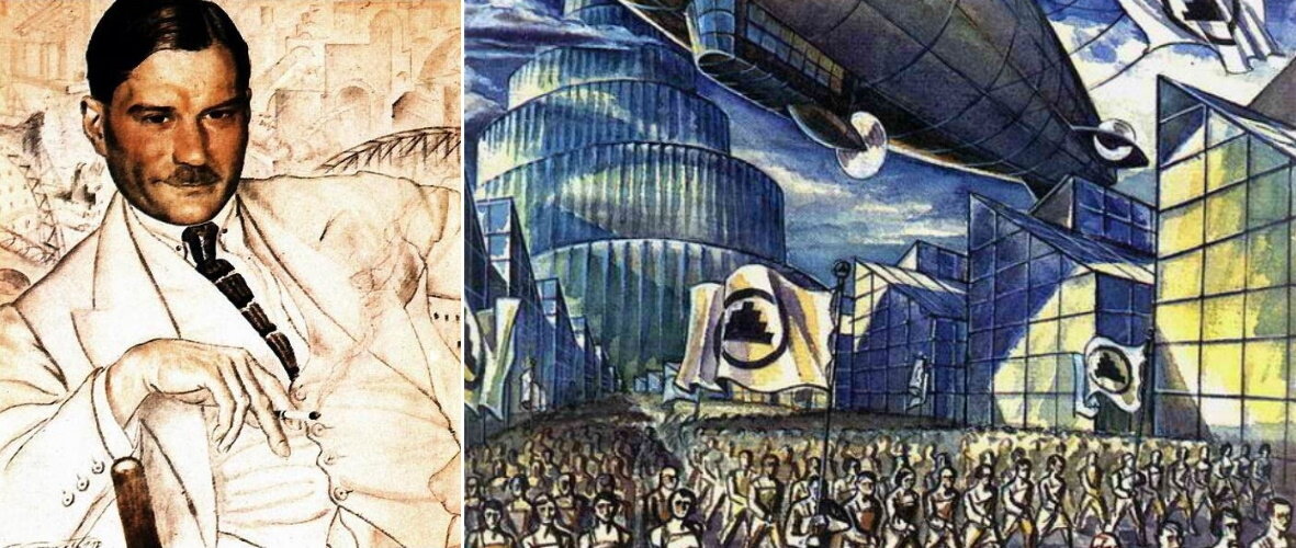 1. Е. И. Замятин. Портрет работы Кустодиева, 1923 г. 2. Иллюстрация к роману Е. И. Замятина «Мы»