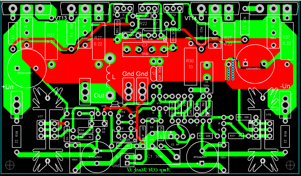 Двухсторонняя печатная плата, рассчитанная на две пары выходных транзисторов в окне программы Sprint Layout 5 (к сожалению, данная печатная плата является коммерческой, ее автор не пожелал поделится исходником печатной платы)
