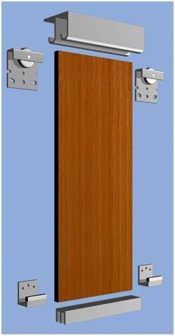 Комплектующие подвесной системы направляющих: верхний профиль, блоки с роликами, нижний профиль и полотно двери.