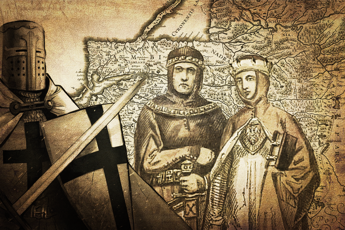 Конрад и Агафья на фоне карты прусских земель. 
