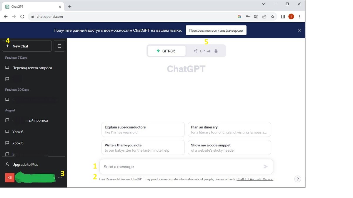 Интерфейс ChatGPT 3,5 компании OpenAI