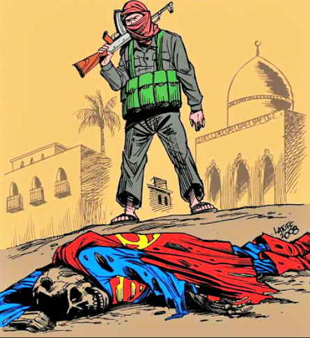 Талибы тоже любят пошутить. Поверженный Супермен. Карикатура на текущие события с одного из ресурсов запрещенного Талибана.