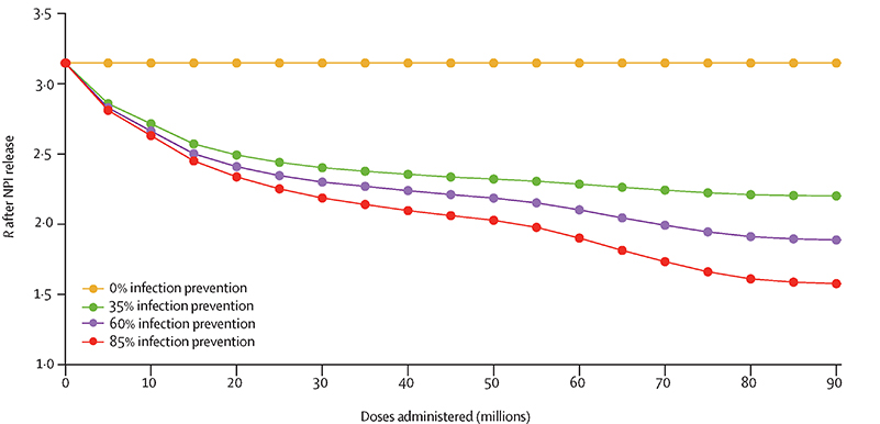 Так меняется репродуктивное число коронавируса по мере того, как удается привить все больше людей. Цветами обозначена динамика для вакцин с разной эффективностью защиты от заражения
Sam Moore et al. / The Lancet, 2021
