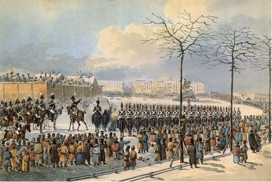 Восстание 14 декабря 1825 года на Сенатской площади. Рисунок Карла Кольмана. 1830-е годы.