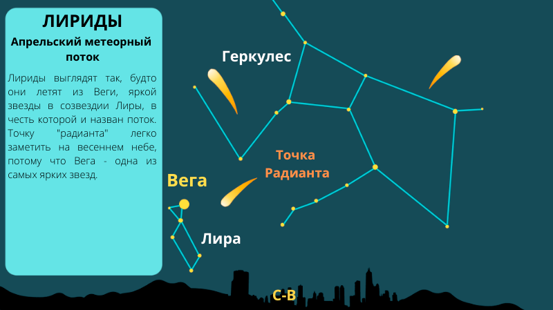 Радиант метеорного потока Лириды расположен вблизи границы Геркулеса и Лиры