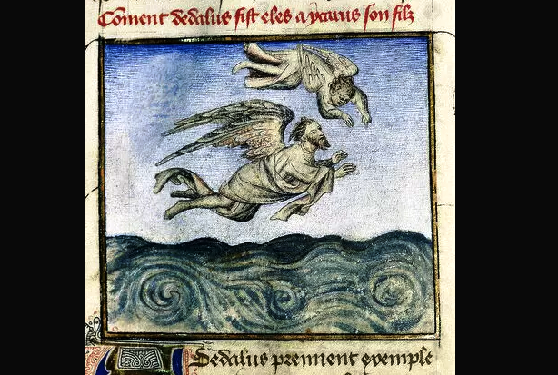 "Икар и Дедал". Миниатюра Гийома Лорриса из книги "Le Romanesque de la Rose" (XIV век)