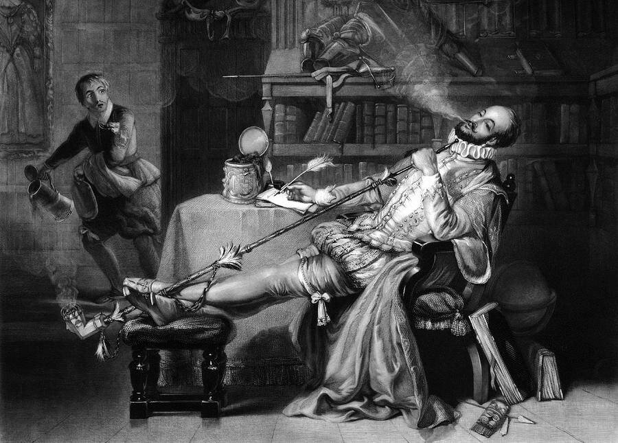 «Первая трубка Рэйли в Англии». Иллюстрация из книги Tobacco, its history and associations, 1859 год.