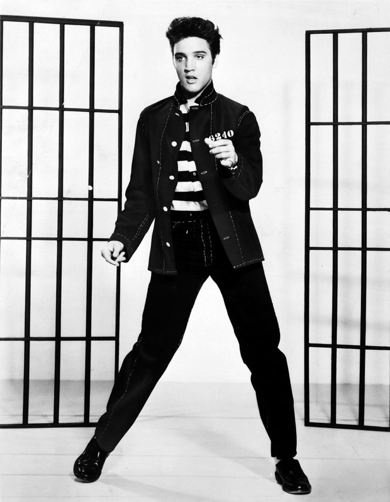 A photograph promoting the film Jailhouse Rock depicts singer Elvis Presley.