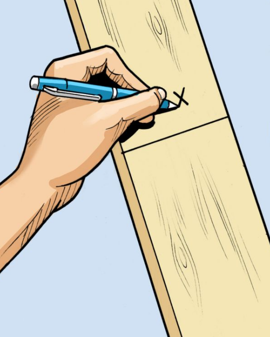 После того как вы измерите и отметьте линию разреза, поставьте маленький крестик на стороне обрезка. Всегда режьте с этой стороны линии, в противном случае вы можете отрезать кусок слишком коротким по ширине пильного полотна.