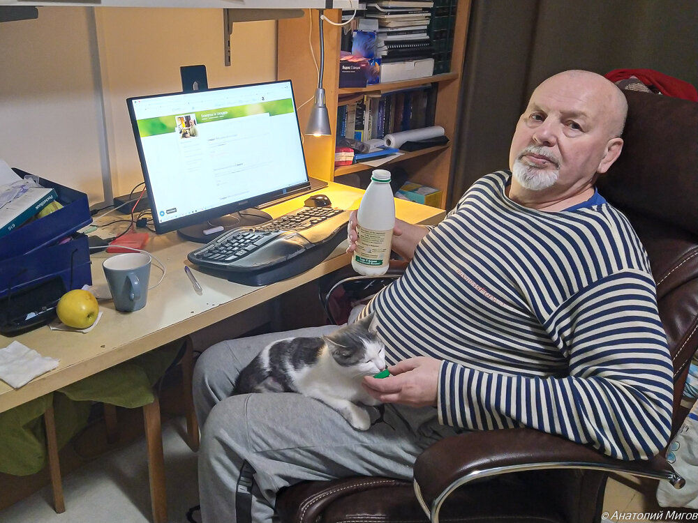 На фото: вчера вечером распили последний стакан кефира на двоих с кошкой Кокошкой.