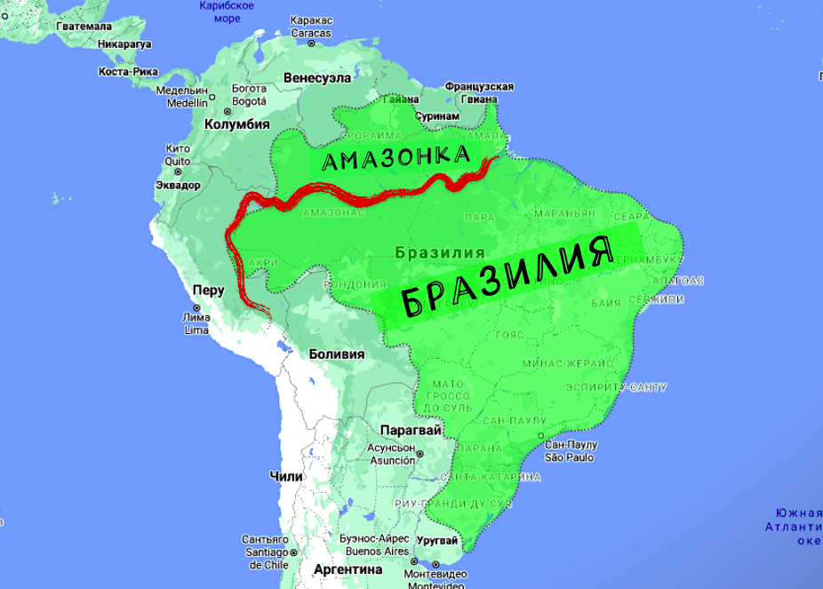Река Амазонка в Бразилии на карте. Исток реки Амазонка на карте Южной Америки.