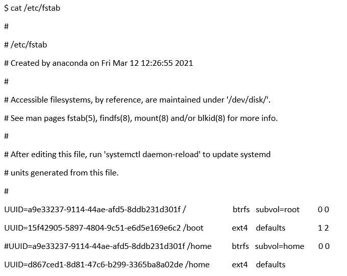Рис.1 Просмотр содержимого файла fstab