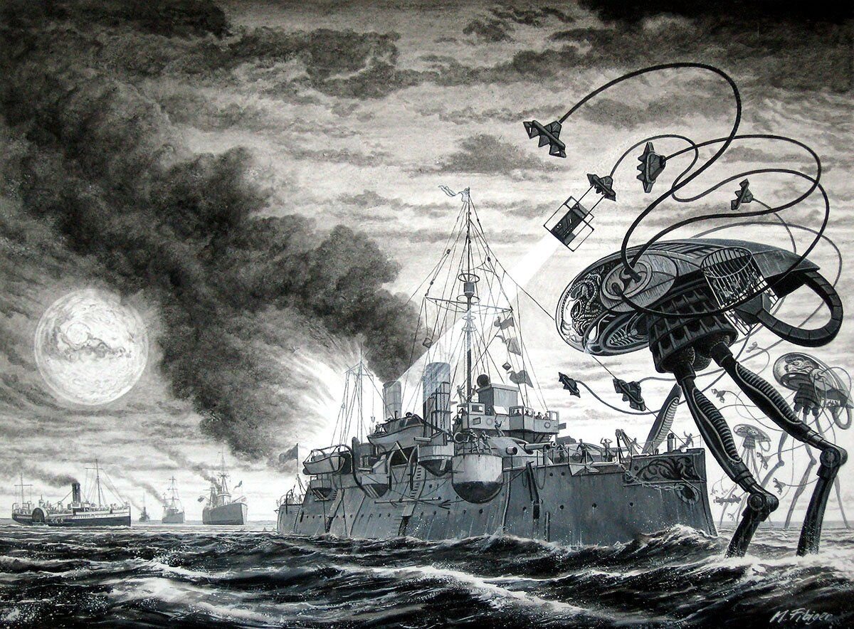 Одна из самых запоминающихся сцен всего произведения, когда Корабль Её Величества - миноносец «Сын Грома», будучи сильно повреждённым после выстрела тепловым лучом, наносит серьёзные повреждения инопланетным машинам и, спеша на выручку союзным судам, таранит трипод, подминая его, как картонную куклу.