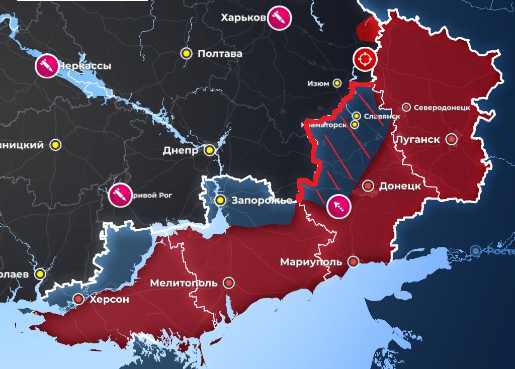 Возможный вариант "замораживания" конфликта. Либо по текущей линии фронта, либо с передачей под российский контроль Донецкой области (отметил красным). Карту сделал на основе https://opermap.mash.ru/.