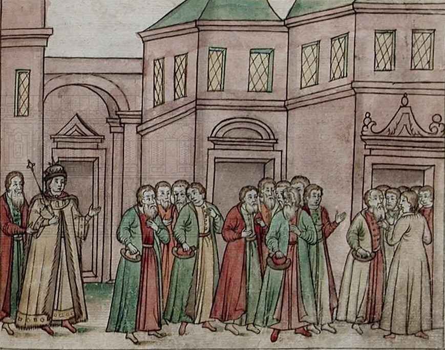 Рисунок из описания «в лицах» свадьбы Михаила Федоровича Романова с Евдокией Лукьяновной Стрешневой: царя ведет под руку боярин князь Иван Борисович Черкасский