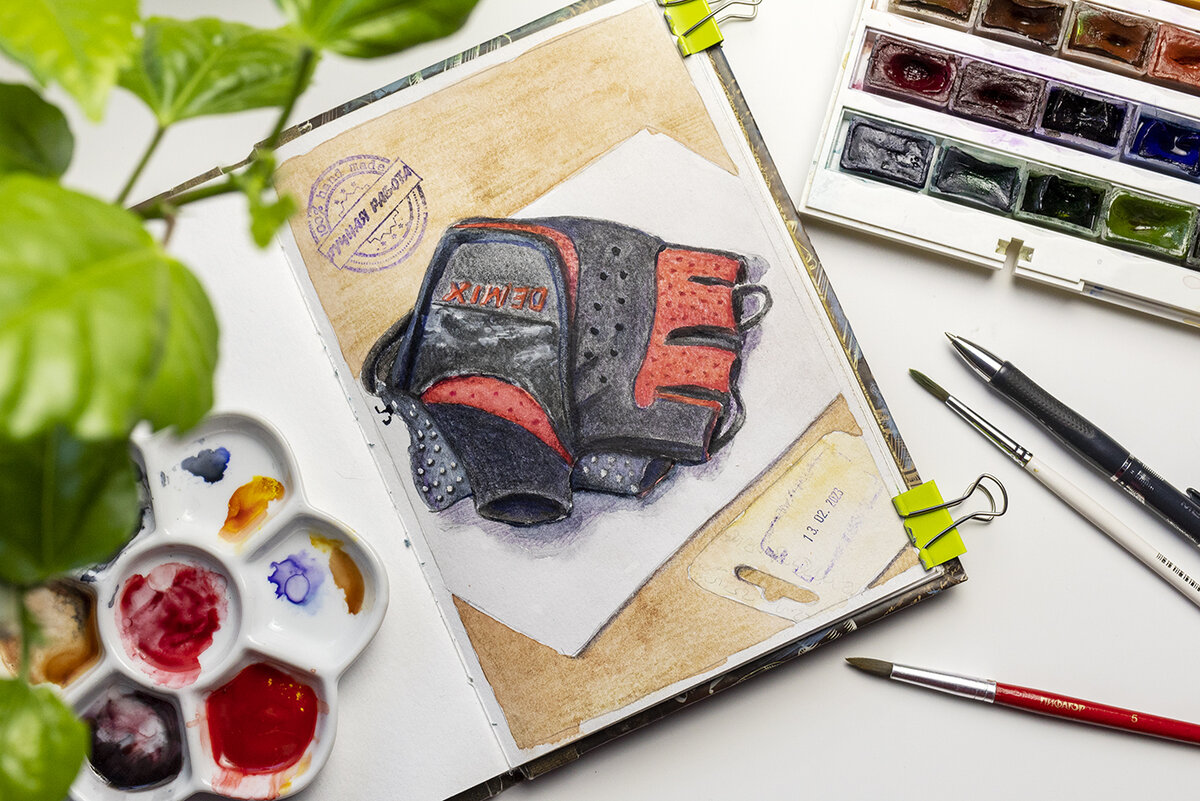 День первый. Скетчбук с дешевой акварельной бумагой. Смешанная техника.