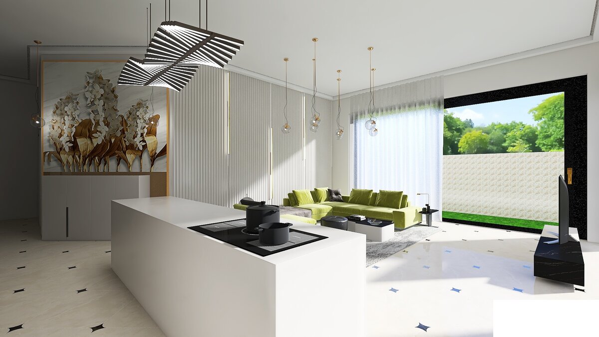 Кухня-гостиная с панорамными окнами и порталом с выходом на террасу. 