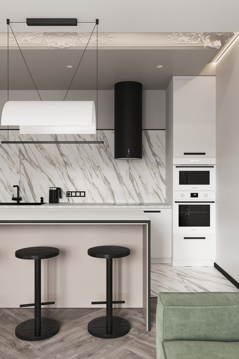 Мрамор в отделке кухни, пример проекта