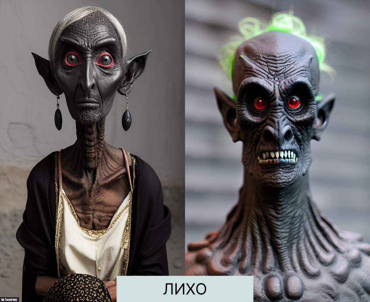 Не буди Лихо, пока оно тихо. Вот уж точно такое лучше не будить! Это очеловеченное представление злой доли, иссушено-худое ужасное создание, в идеале одноглазое, но нейросеть с нами не согласилась и выдала такие варианты.