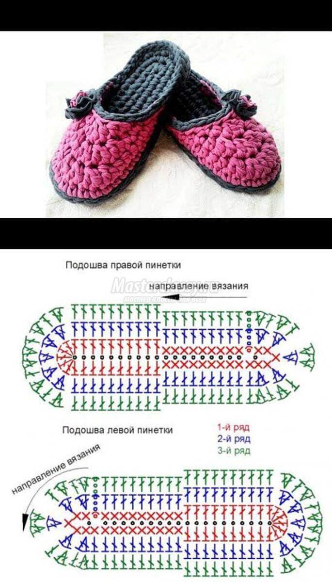 Схема вязания тапочек крючком из трикотажной пряжи