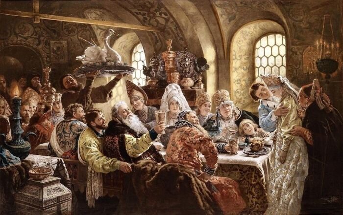 К. Маковский, "Боярский свадебный пир в XVII веке".
Источник https://kulturologia.ru/blogs/300318/38395/