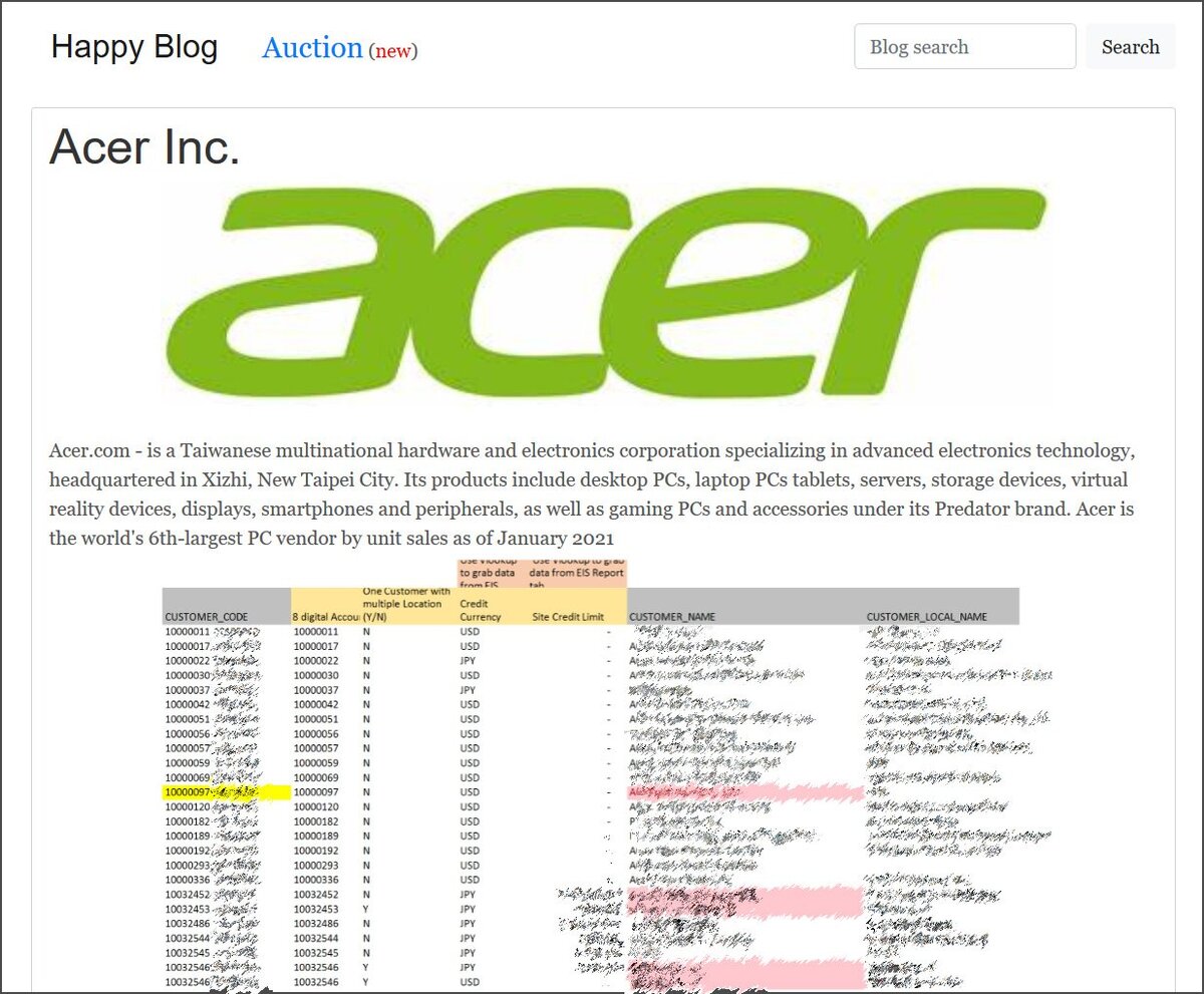 Слитые данные Acer 