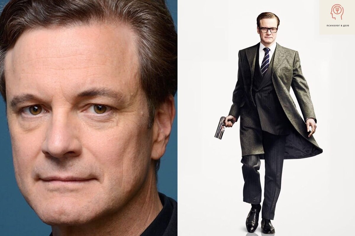 Справа Колин Фёрт в образе из фильма «Kingsman: Секретная служба» 
