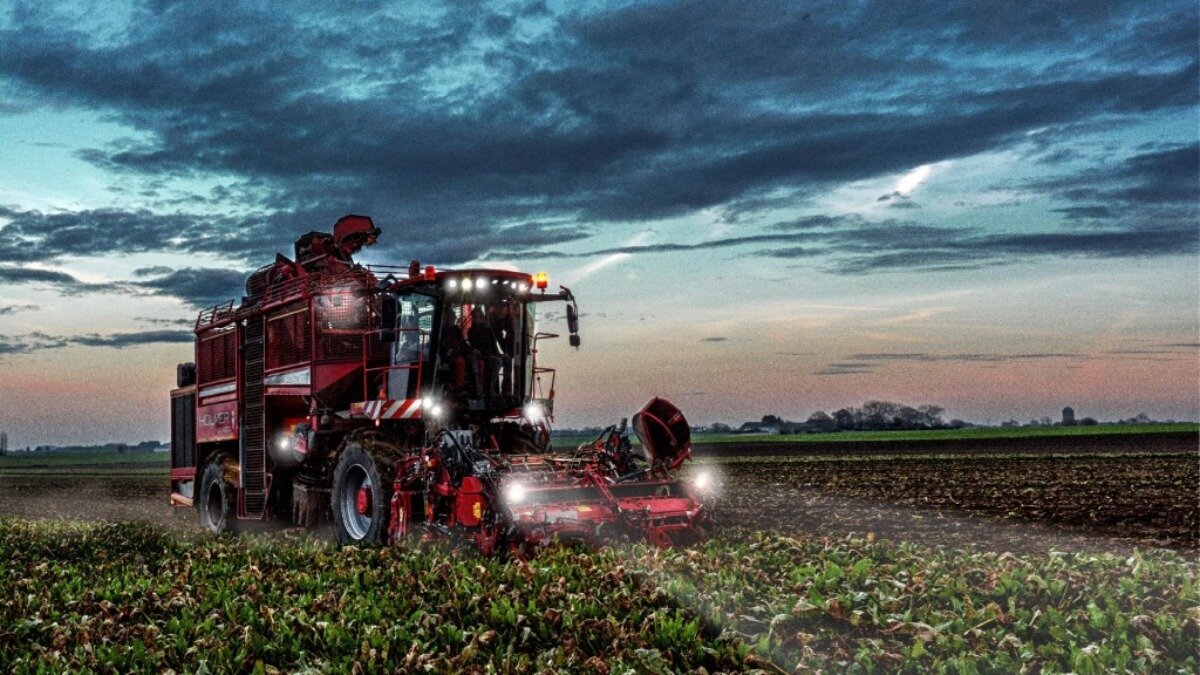 Самоходный свеклоуборочный комбайн Holmer Terra Dos T-3 в работе в ночное время. Фото: agro-lider.ru