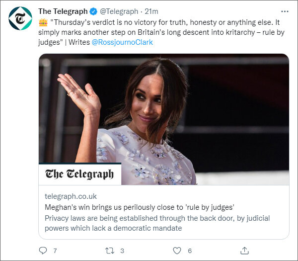 «Победа Меган подводит нас опасно близко к «правлению судей». Анонс материала Росса Кларка, посвященного спорным полномочиям судебной системы Великобритании, в твиттере The Telegraph (https://twitter.com/Telegraph)