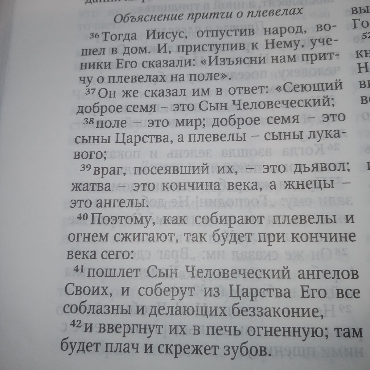 Он же сказал им в ответ: сеющий доброе семя есть Сын Человеческий;
38 поле есть мир; доброе семя — это сыны Царствия, а плевелы — сыны лукавого;
39 враг, посеявший их, есть диавол; жатва есть кончина века, а жнецы суть Ангелы.
40 Посему как собирают плевелы и огнём сжигают, так будет при кончине века сего:
41 пошлёт Сын Человеческий Ангелов Своих, и соберут из Царства Его все соблазны и делающих беззаконие,
42 и ввергнут их в печь огненную; там будет плач и скрежет зубов;
43 тогда праведники воссияют, как солнце, в Царстве Отца их. Кто имеет уши слышать, да слышит!

