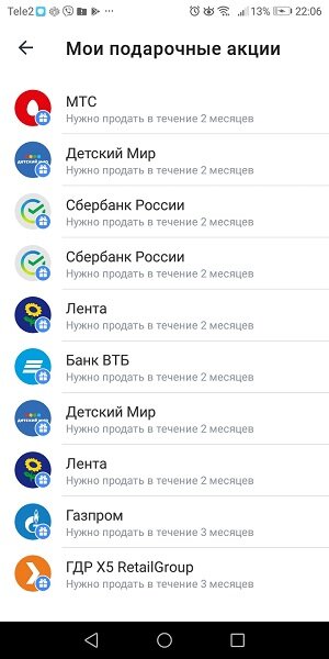 Полный список подарочных акций. Обратите внимание, что акции нужно продать в течении 3 месяцев, иначе они "сгорят".