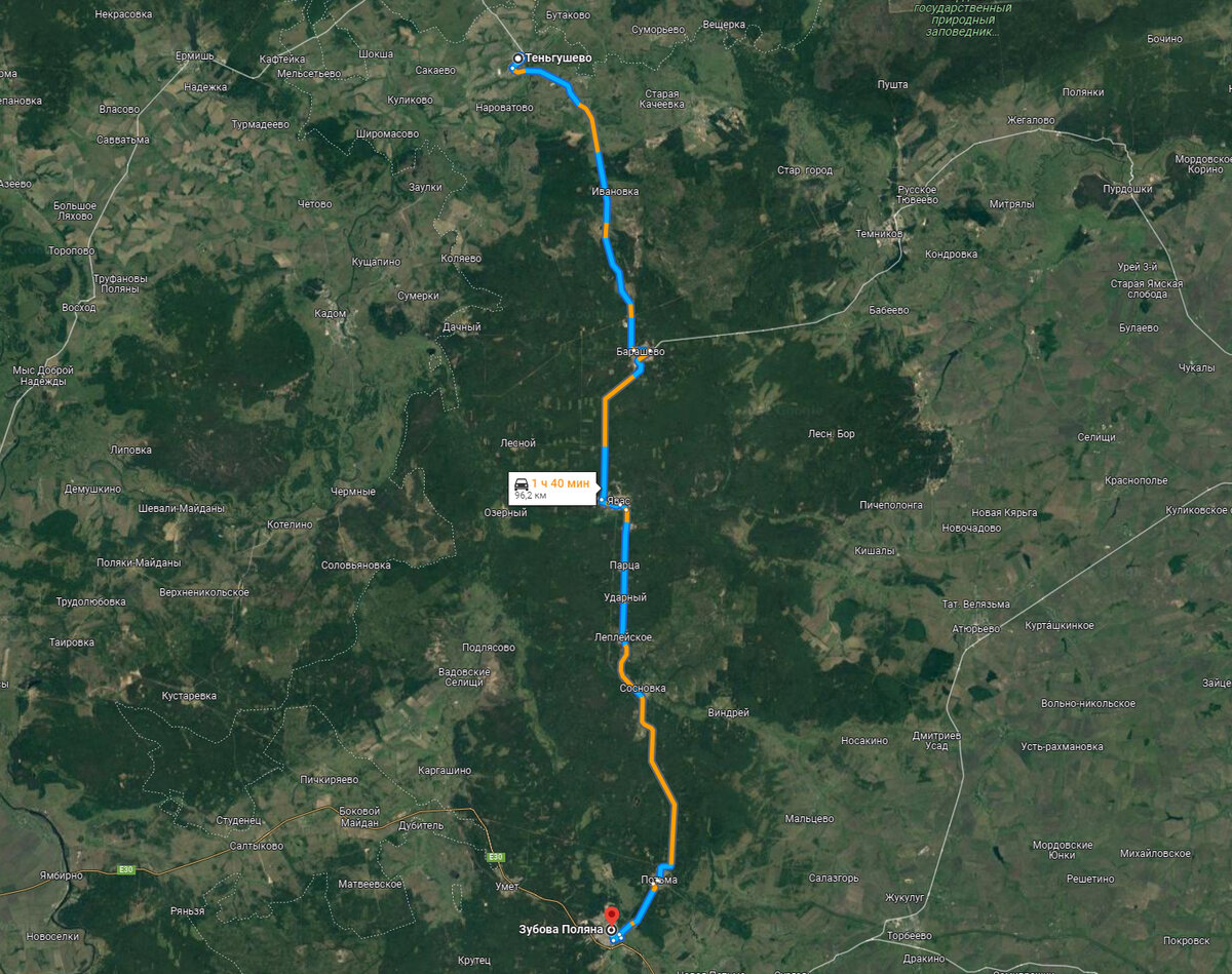 Протяженность "тюремной ветки" около 100 километров от Зубова Поляны до Теньгушева. Попасть на нее можно свернув с трассы М5 в районе Зубова Поляны с одной стороны, либо из Рязанской или Нижегородской областей, через село Теньгушево.