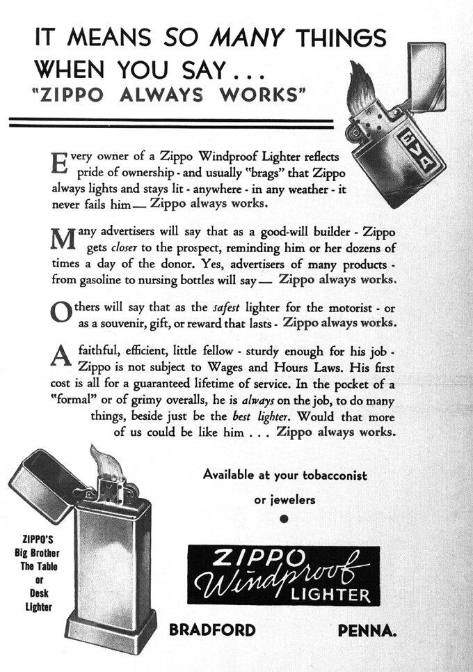 Реклама Zippo 1939 года