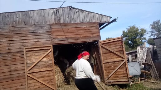 Раскидываем рулон сена на сеновал