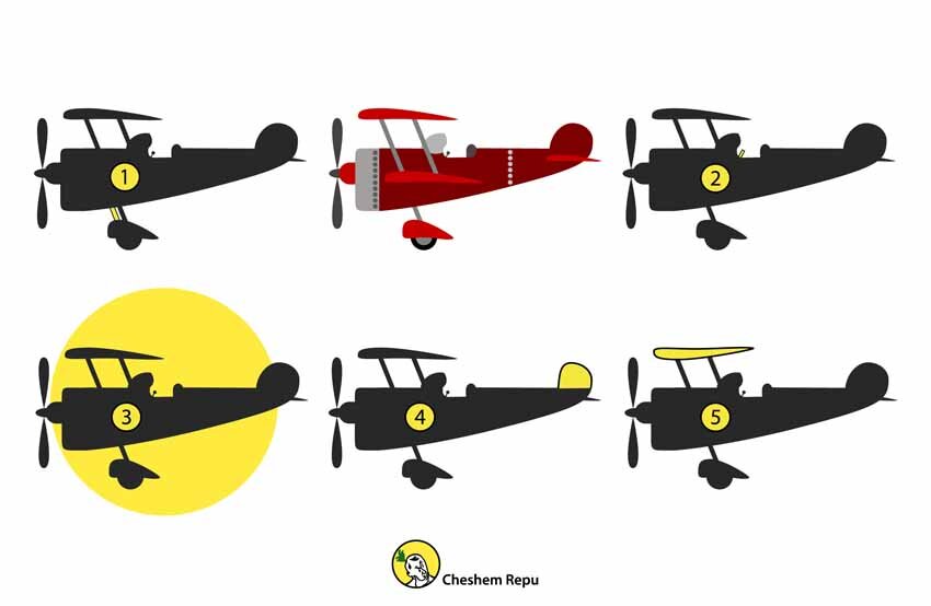 Правильный ответ: Самолету принадлежит силуэт 3.
Отличия: силуэт 1 — к колесу шасси идут два крепления; силуэт 2 — на штурвале нет рукоятки; силуэт 4 — другая форма киля (хвоста); силуэт 5 — перевернуто крыло.